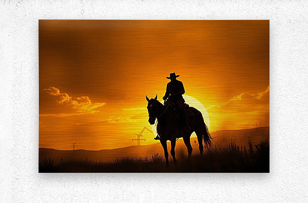 Brushed Metal Print Texas Cowboy Sunset Wall Art