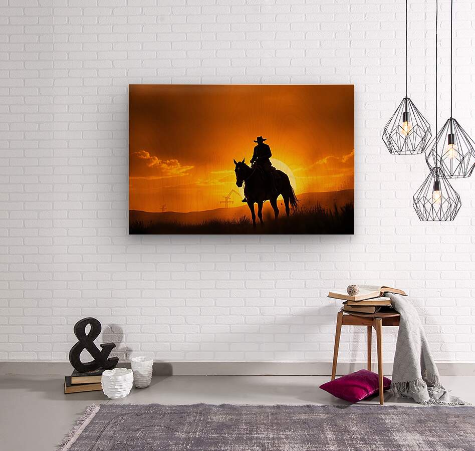 Wood Print Texas Cowboy Sunset Wall Art