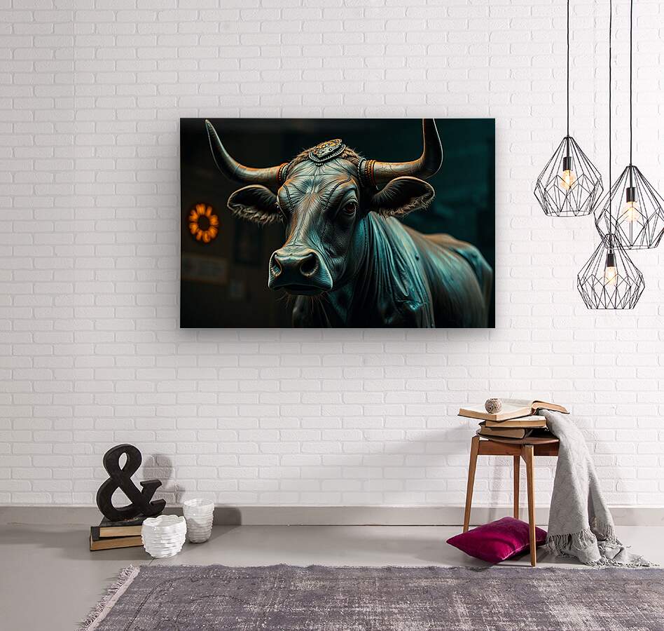 Wood Print Leather Bull Wall Art