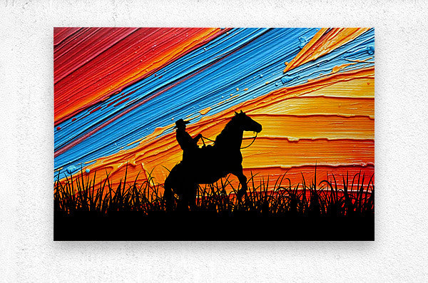 Brushed Metal Print Cowboy Sunset Wall Art