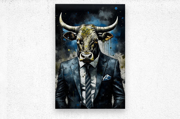 Brushed Metal Print Watercolor Bull In Suit Wall Art