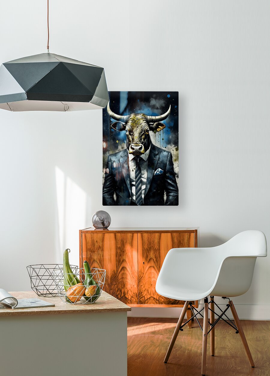 HD Sublimation Metal Print Watercolor Bull In Suit Wall Art