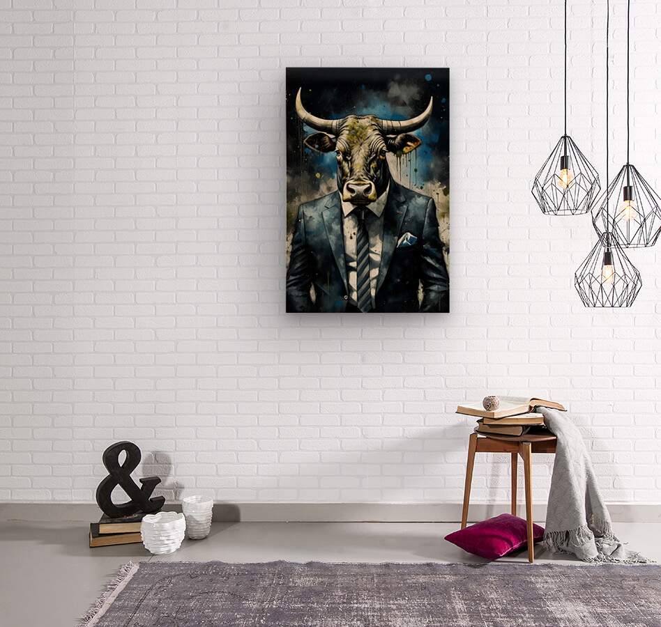 Wood Print Watercolor Bull In Suit Wall Art