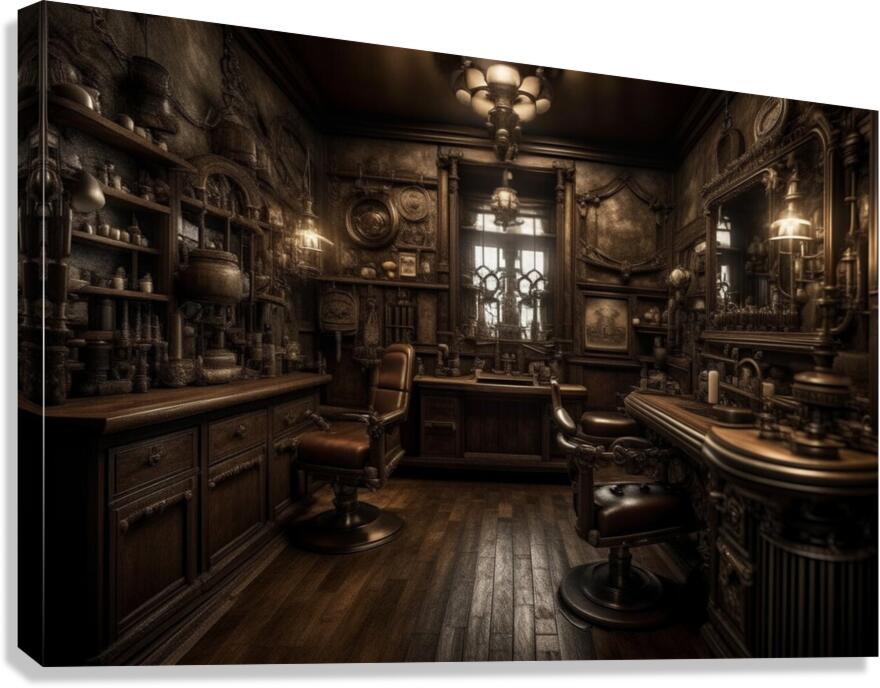 Giclée Stretched Canvas Print Steampunk Barbershop Wall Art