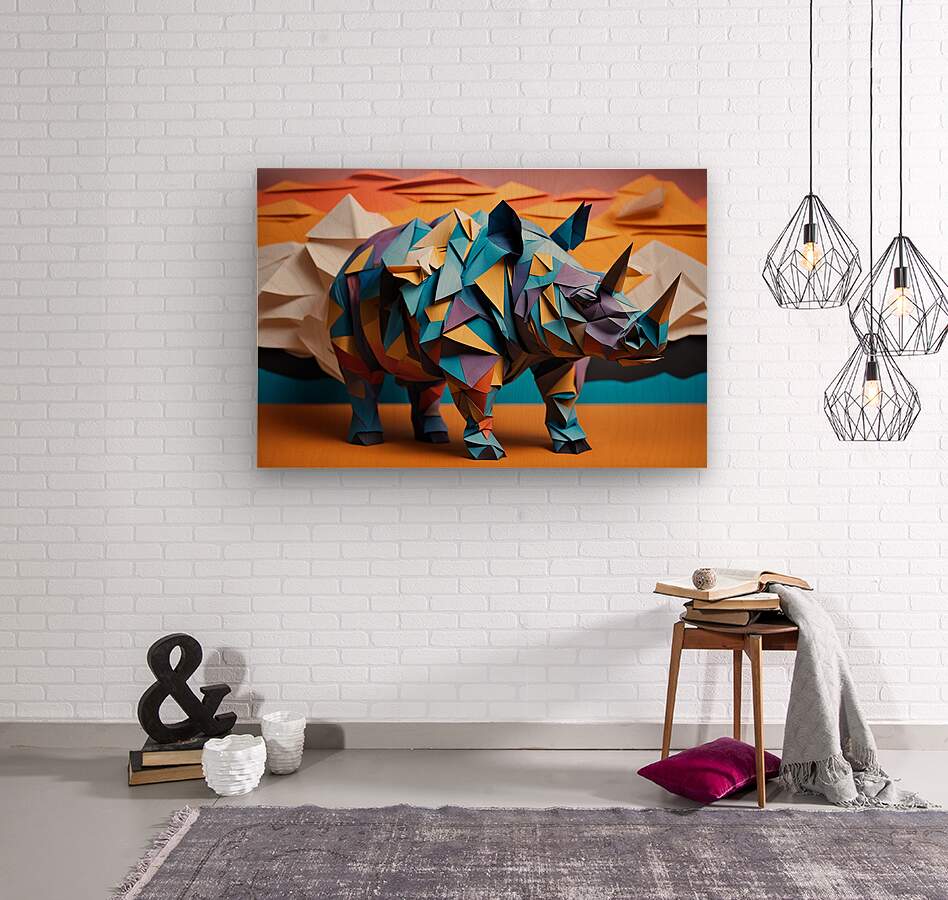 Wood Print  Paper Rhino Wall Art