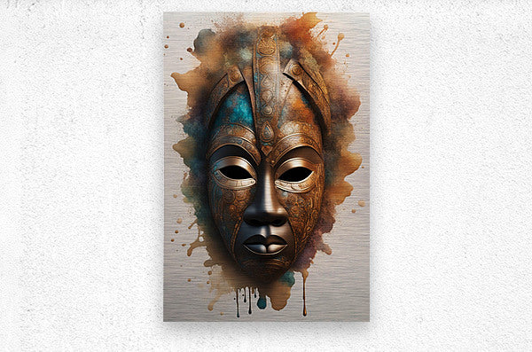 Brushed Metal Print Watercolor African Mask Wall Art