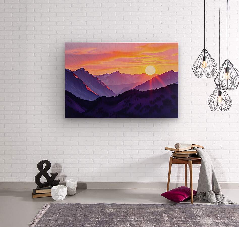 Wood Print Purple Mountain Sunset Wall Art